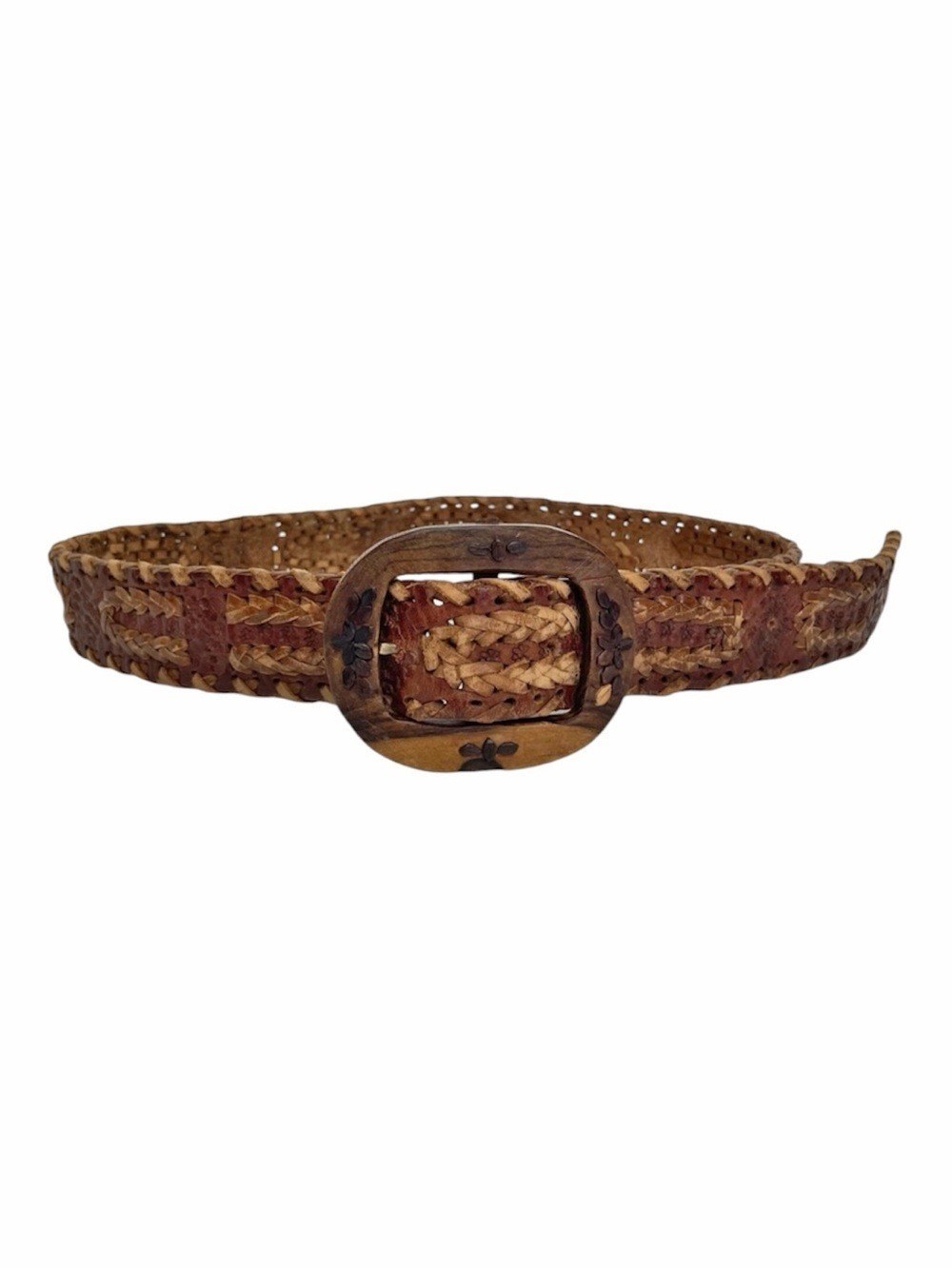 Vintage Handmade Mexico Braided Leather Belt Wood Buckle Unisex Boho Size 31